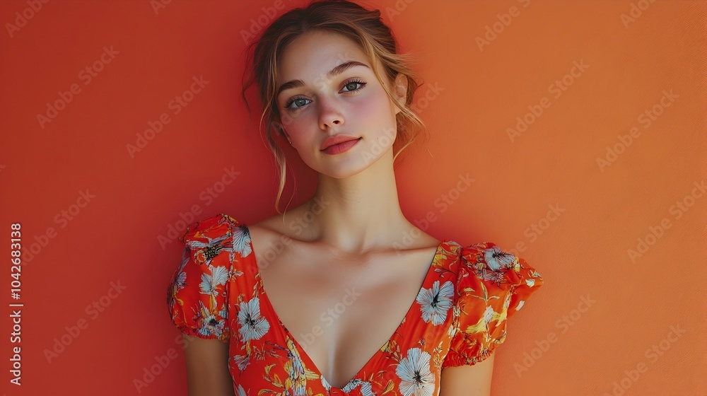 Captivating portrait shot of a young beautiful German woman wearing a playful vibrant and colorful dress posing confidently against a plain coral studio background with dramatic lighting