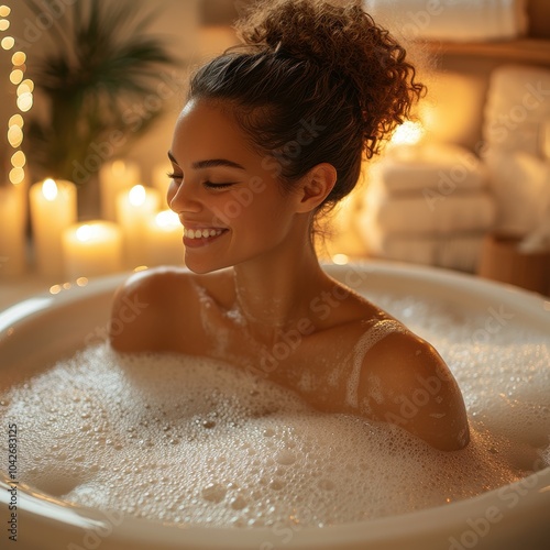 Relaxing in a Luxurious Bubble Bath Embracing Serenity and Self-Care Amidst Soft Candlelight