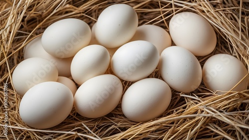 White Duck Eggs on Straw Nest