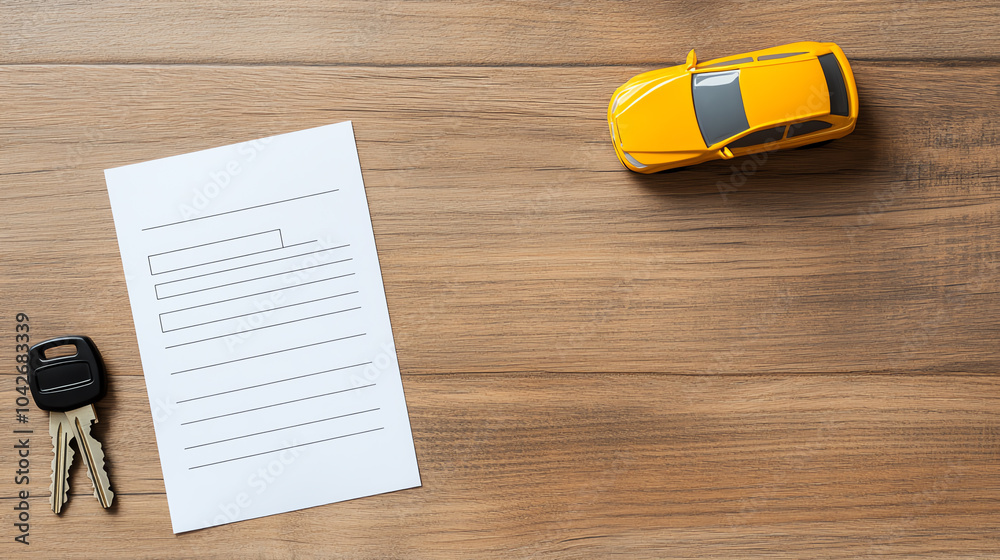 Top view of car keys and a toy car on wooden table, accompanied by a blank document. Ideal for themes of travel and automobile ownership.