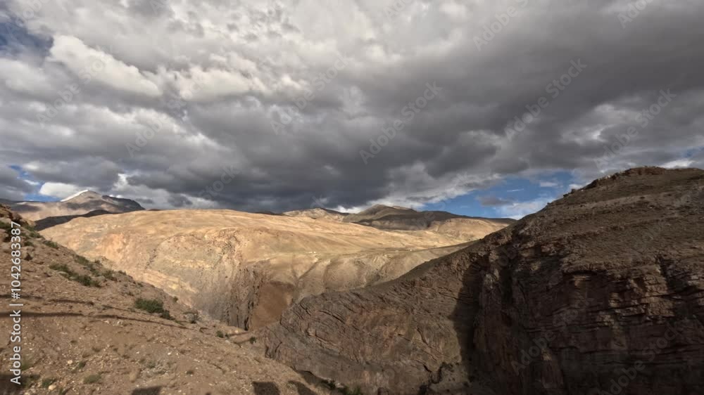 Dramatic time lapse of clouds over rocky rugged landscape of Spiti valley Dramatic time lapse of clouds over rocky rugged landscape of Spiti valley