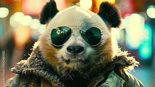 Adorable panda with cash sunglasses and a jacket