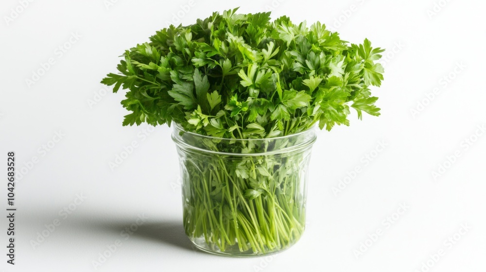 Bunch of Fresh Parsley in a Glass Jar on White Background Bunch of Fresh Parsley in a Glass Jar on White Background
