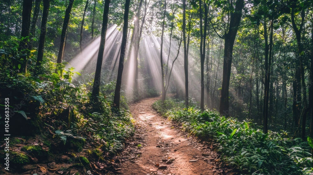 Obraz premium A tranquil forest path illuminated by sunlight filtering through trees.