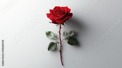 Single red rose with thorns on a white background.