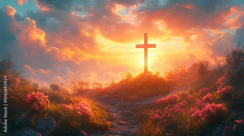 The Cross on a Hill with a Beautiful Sky at Sunset – Symbolic Landscape Depicting Faith, Hope, and Tranquility with Vibrant Colors and a Serene Atmosphere.
The Cross on a Hill with a Beautiful Sky at Sunset – Symbolic Landscape Depicting Faith, Hope, and Tranquility with Vibrant Colors and a Serene Atmosphere.