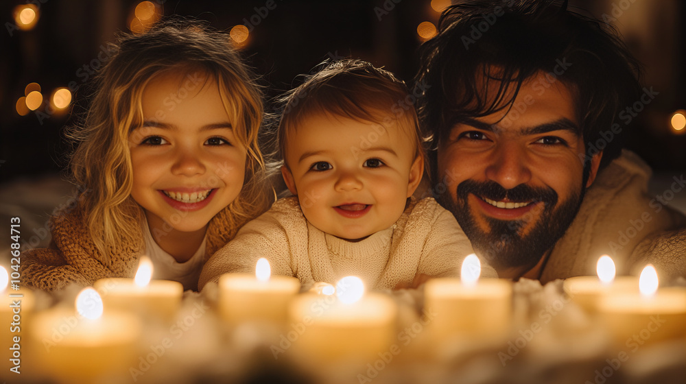 Joyful family with candles, smiling children and father, warm atmosphere Joyful family with candles, smiling children and father, warm atmosphere