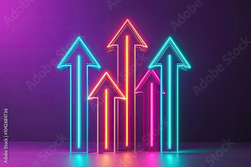 Colorful neon arrows indicating growth on a dark background. photo