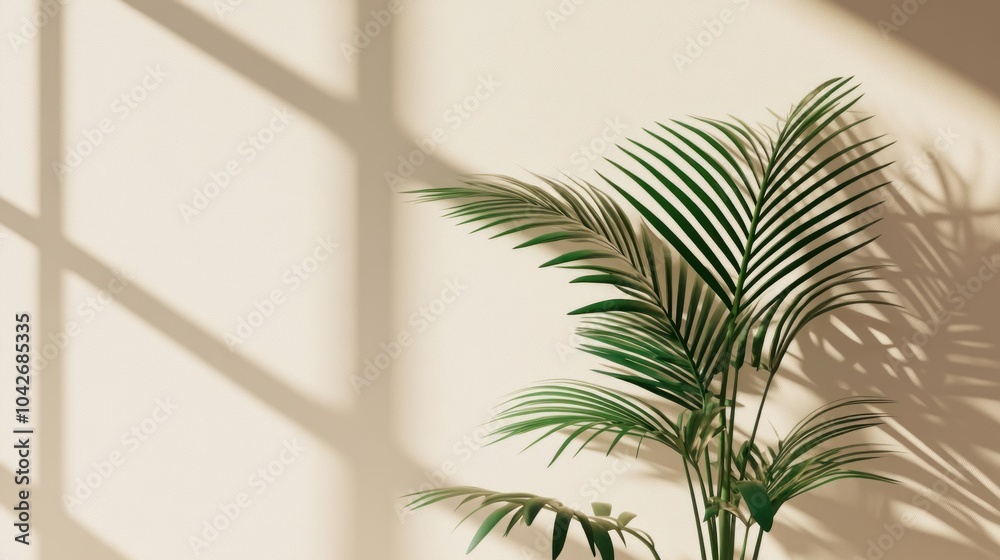 A green plant casting shadows on a light wall, creating a serene atmosphere. A green plant casting shadows on a light wall, creating a serene atmosphere.