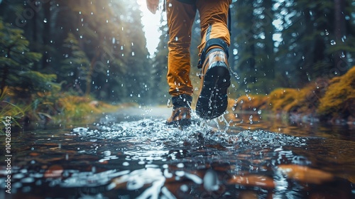 Hiking Through a Forest Stream in the Rain