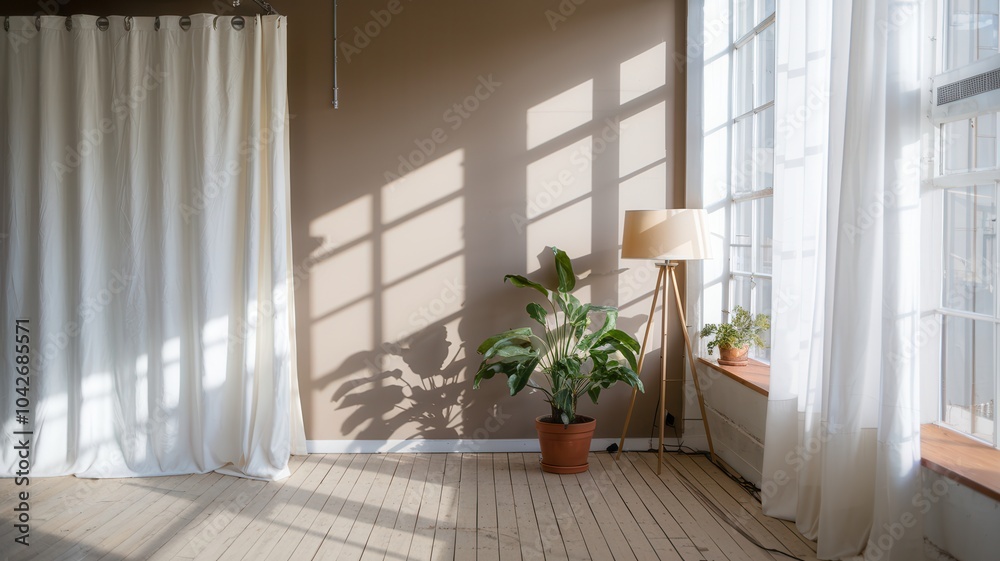 Sunlit interior with potted plants, wooden floor, and neutral color palette