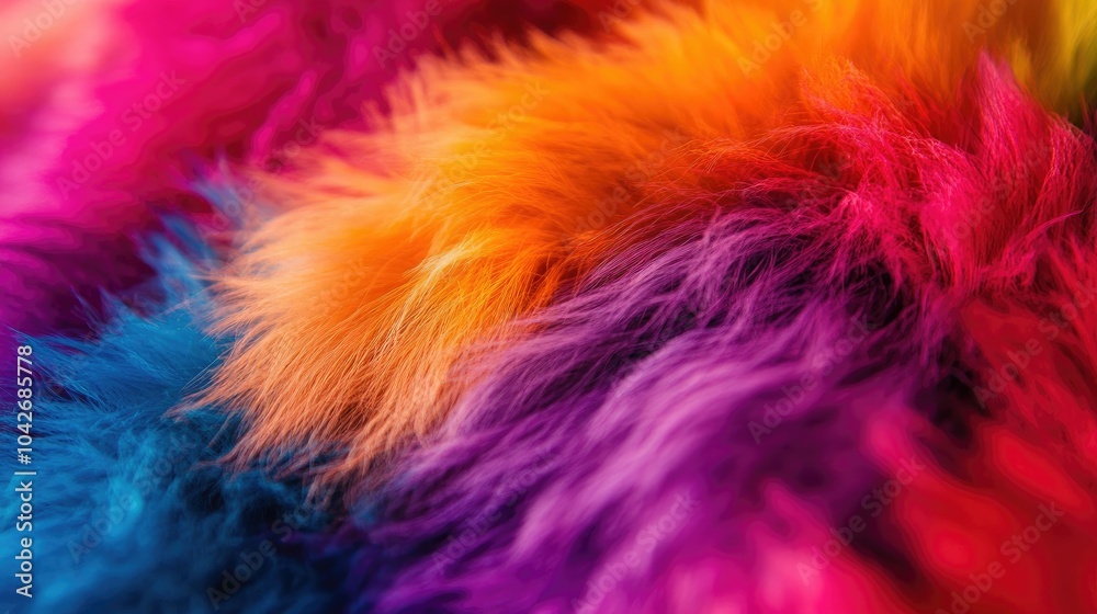 Fototapeta premium A close-up macro photo of soft, multicolored fur, showcasing the vibrant mix of colors and fluffy texture in intricate detail.