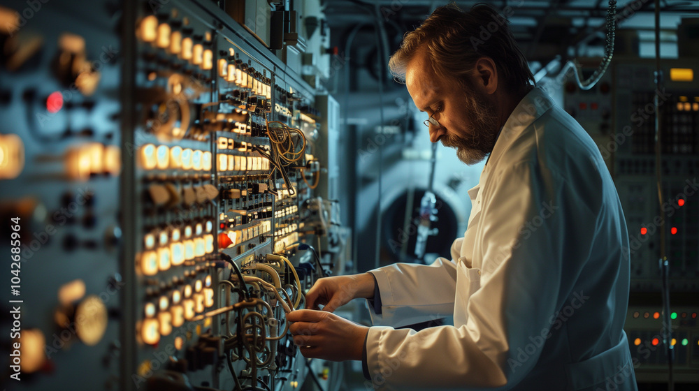 Fototapeta premium Engineer operating vintage control panel in a high-tech laboratory environment