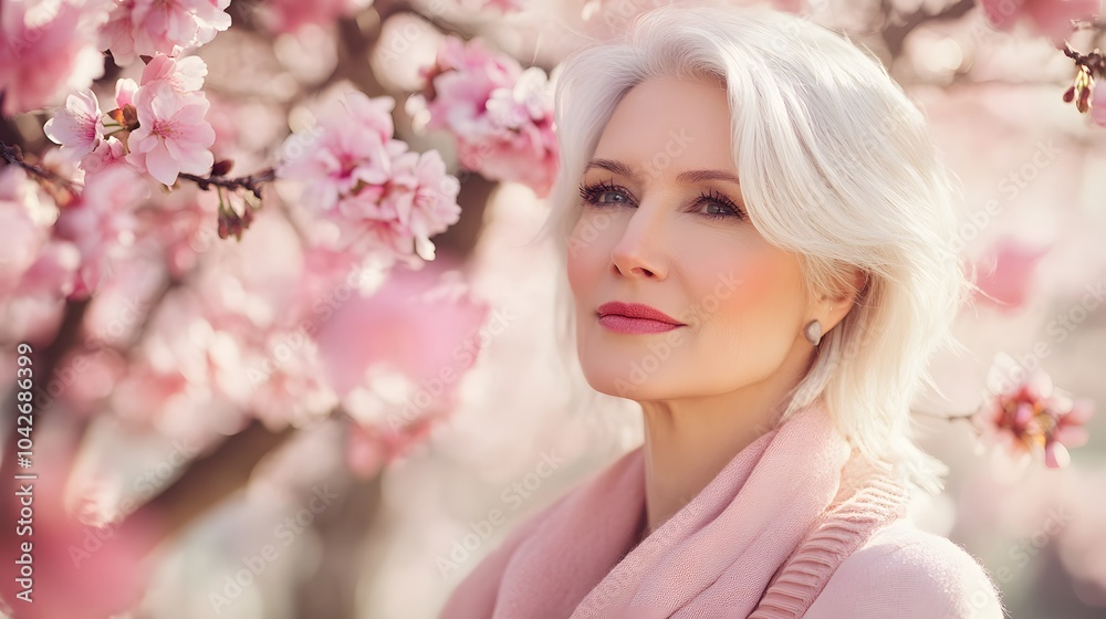 Spring portrait of beautiful and elegant middle age woman posing against pink blooming tree. Spring portrait of beautiful and elegant middle age woman posing against pink blooming tree.