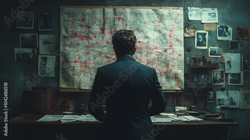 A Detective Examining an Intricate Map of the City – Crime Investigation Scene with Magnifying Glass and Detailed Urban Layout. 