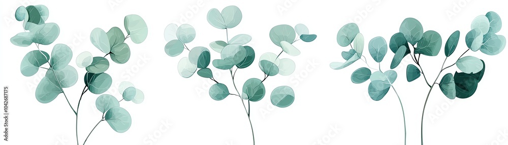 Obraz premium Eucalyptus leaves, artistic arrangement on a white isolated background.