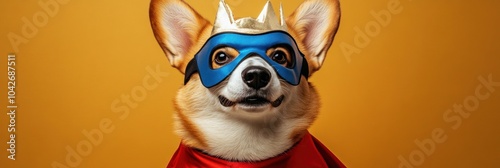 A corgi dressed as a superhero with a mask and cape against an orange background.