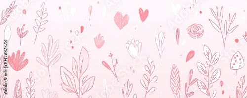 A whimsical pattern of pink flowers and hearts on a light background.