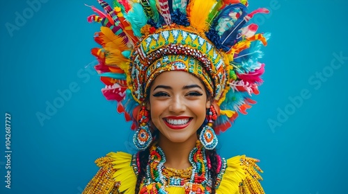 Vibrant and Energetic Portrait of a Young Brazilian Woman Dressed in a Carnival Inspired Costume Smiling and Radiating Joy and Excitement photo