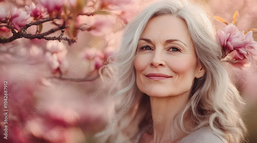 Spring portrait of beautiful and elegant middle age woman posing against pink blooming tree. Spring portrait of beautiful and elegant middle age woman posing against pink blooming tree.