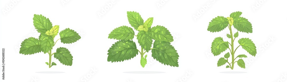Three distinct green mint leaves arranged in a row, white isolated background. Three distinct green mint leaves arranged in a row, white isolated background.