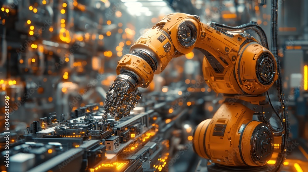 A robotic arm assembling parts in a high-tech factory with glowing machinery A robotic arm assembling parts in a high-tech factory with glowing machinery