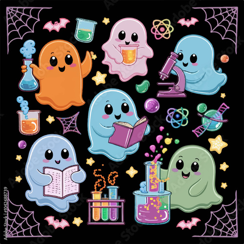colorful ghosts in a chemical laboratory funny halloween illustration