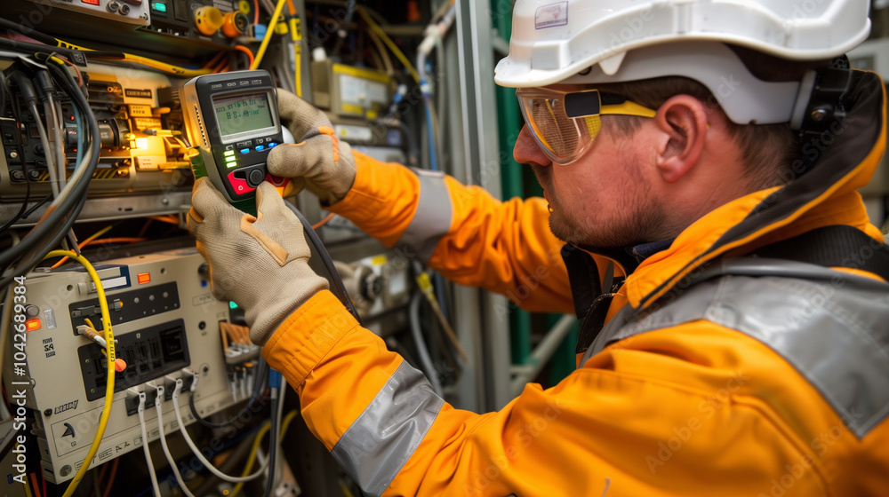Electrical engineer using testing equipment while inspecting a complex wiring system in a facility Electrical engineer using testing equipment while inspecting a complex wiring system in a facility