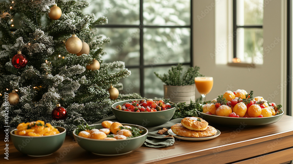 Festively arranged bowls of fruits and pastries on a table near a decorated Christmas tree Festively arranged bowls of fruits and pastries on a table near a decorated Christmas tree