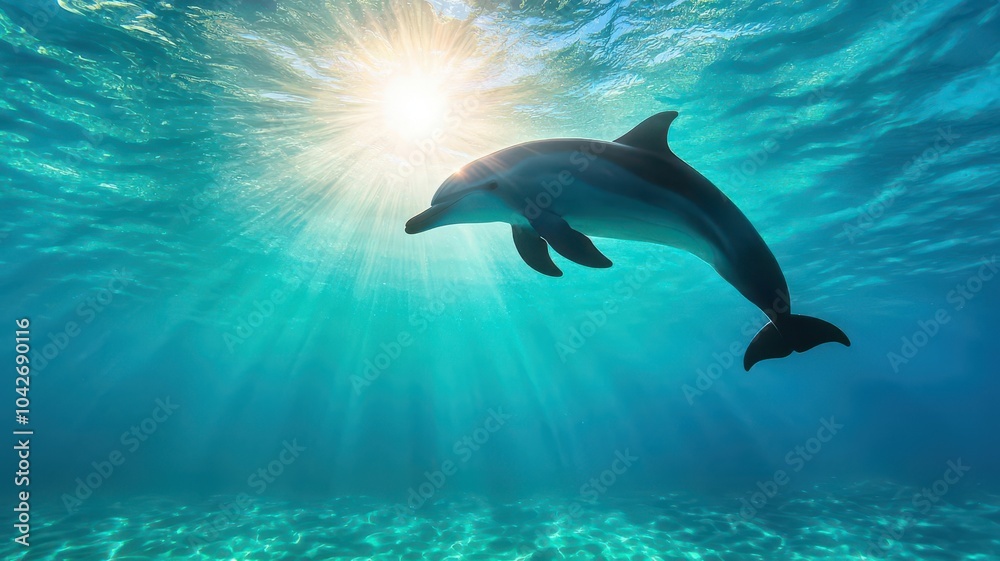 Obraz premium Golden sunbeams illuminating the silhouette of a dolphin, swimming freely through clear ocean waters, underwater harmony, natural beauty