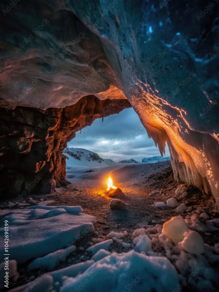 Fototapeta premium Cozy campfire inside a snow-covered cave.