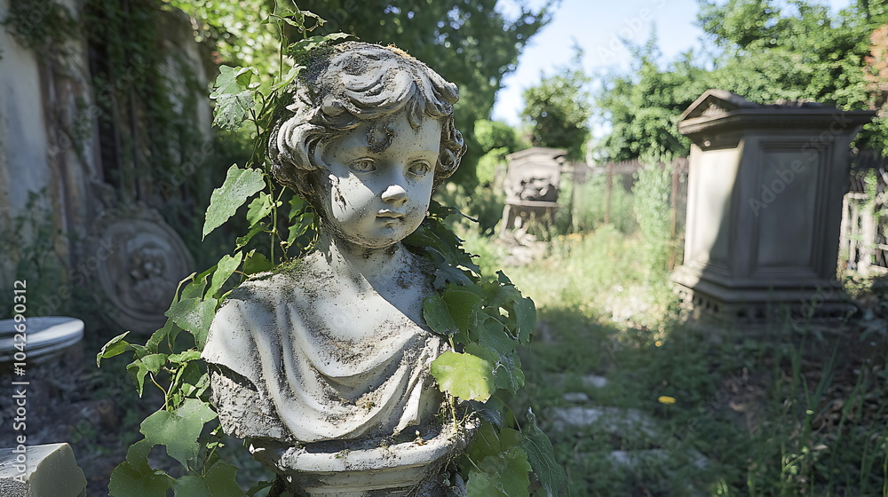 Ancient marble statue entwined with vines in a forgotten overgrown cemetery reflecting nature's reclamation Ancient marble statue entwined with vines in a forgotten overgrown cemetery reflecting nature's reclamation