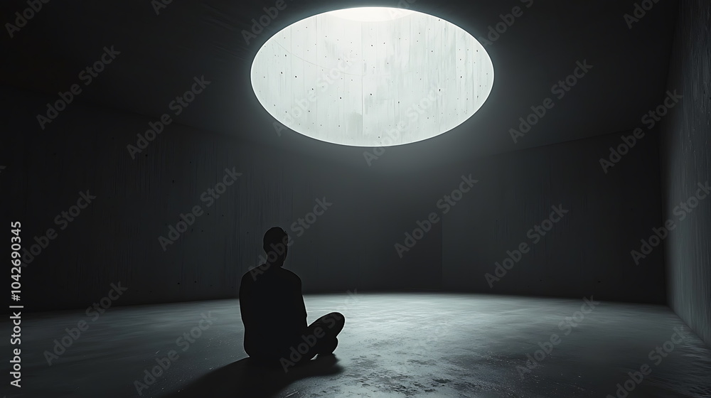 Obraz premium Exploring inner peace a solitary figure meditating in a dimly lit room under a circular skylight