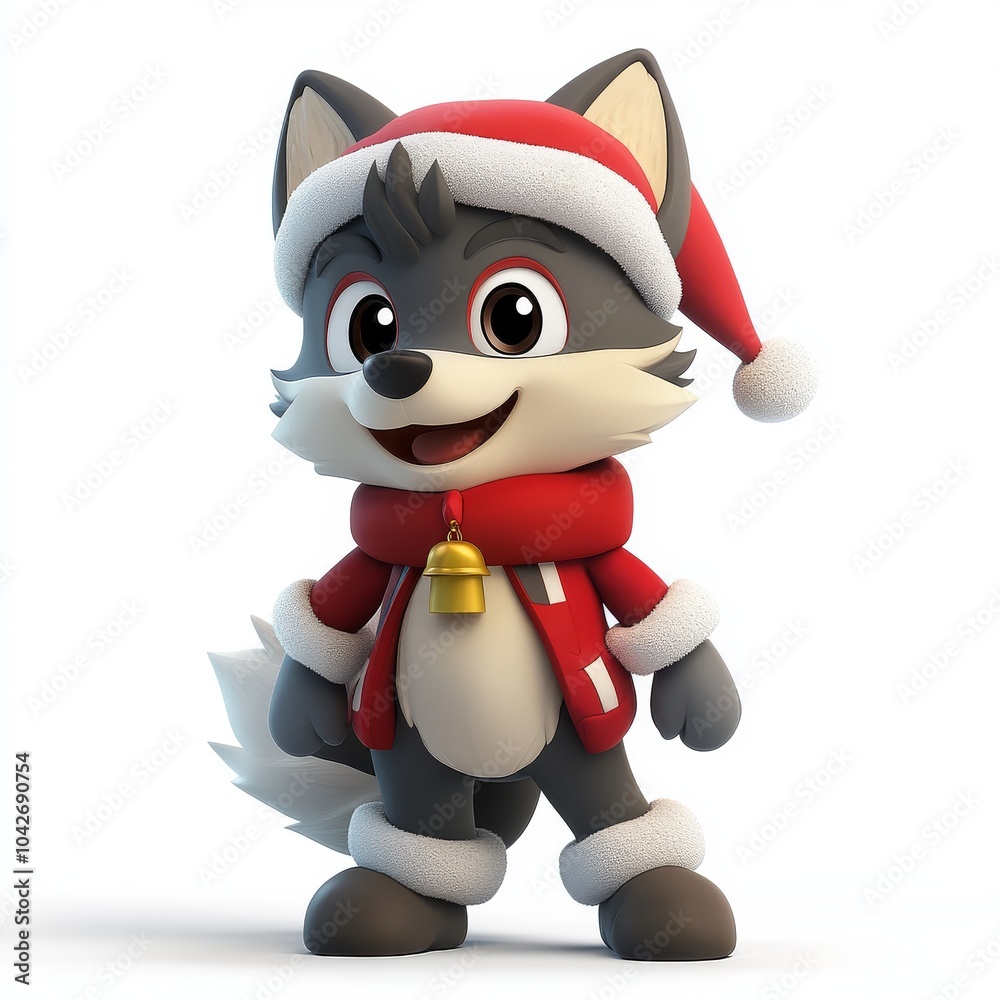 Cute Cartoon Wolf Character in Christmas Attire Cute Cartoon Wolf Character in Christmas Attire