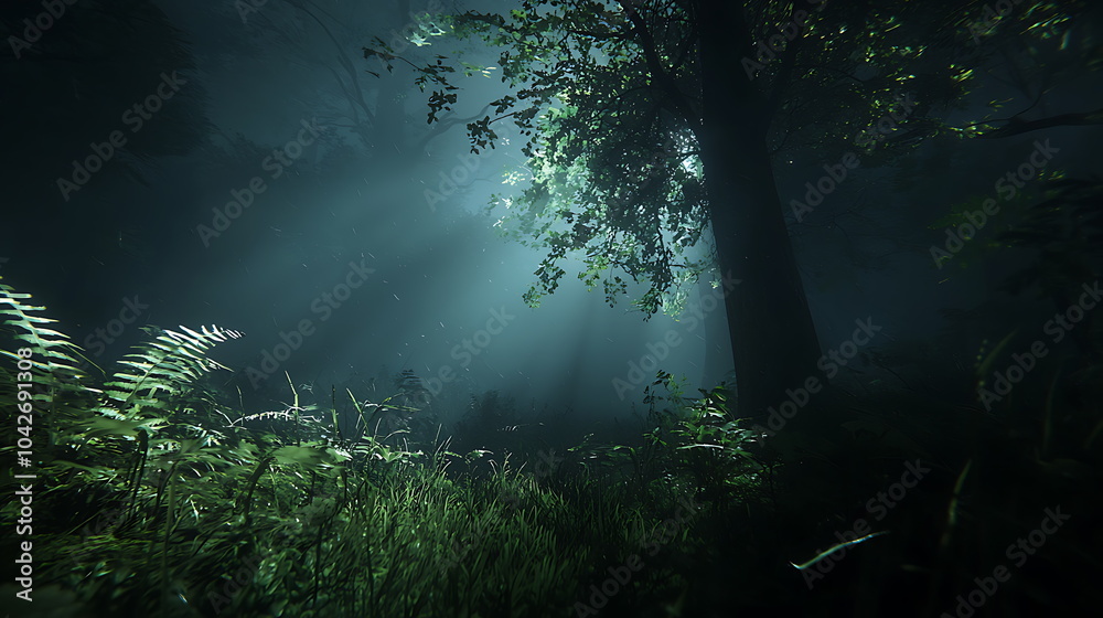Fototapeta premium Enchanting sunlight beams penetrating a lush forest creating a mystical and serene atmosphere amidst nature's splendor