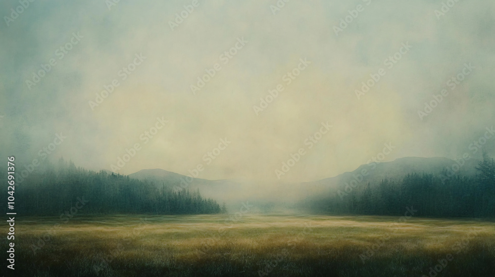 A mystical view of a meadow in the morning fog, where the outlines of distant hills fade into the mist. A mystical view of a meadow in the morning fog, where the outlines of distant hills fade into the mist.