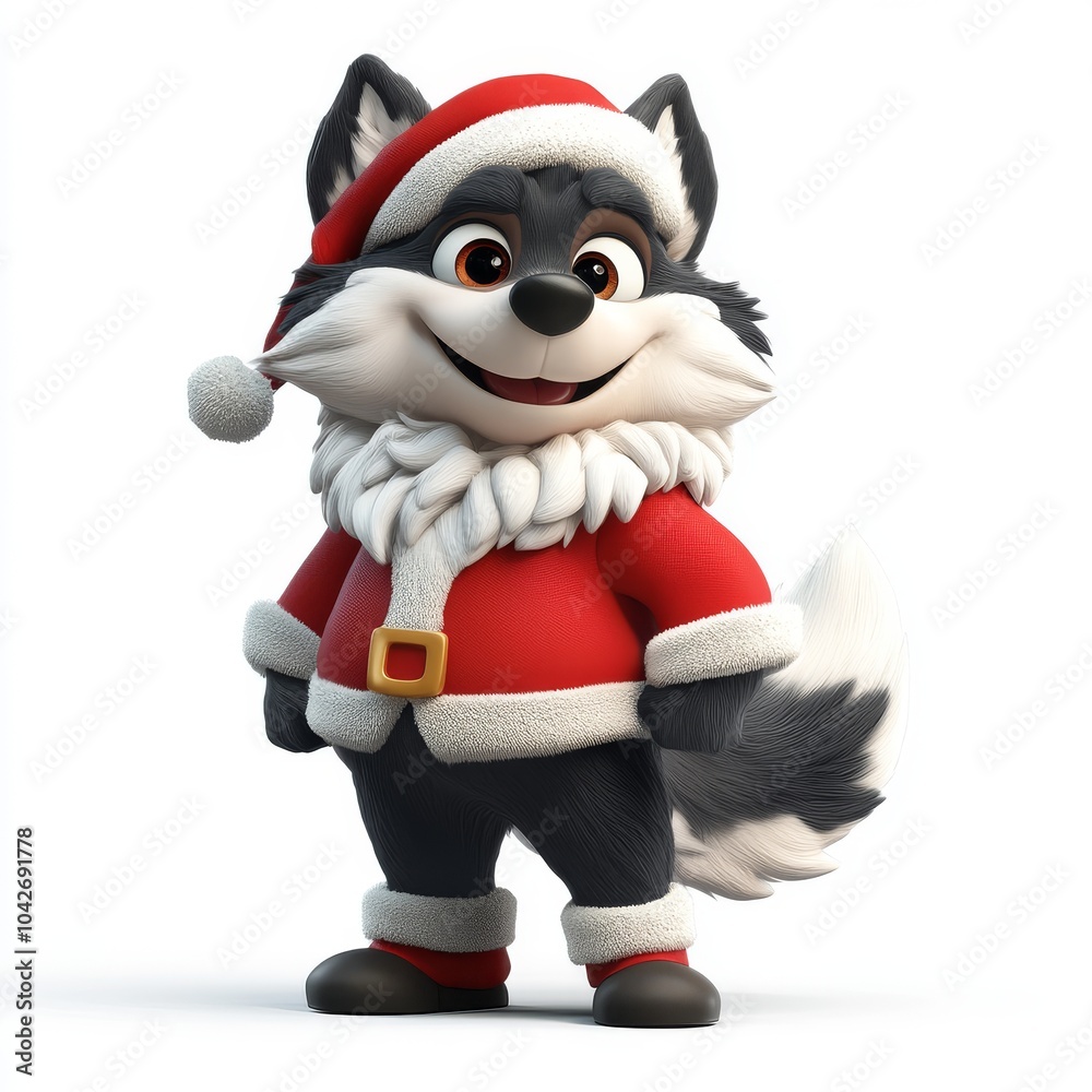 Cheerful Cartoon Wolf in Christmas Costume Cheerful Cartoon Wolf in Christmas Costume