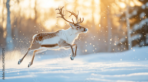 Leaping reindeer in snow with joyful expression at sunset and soft bokeh background photo