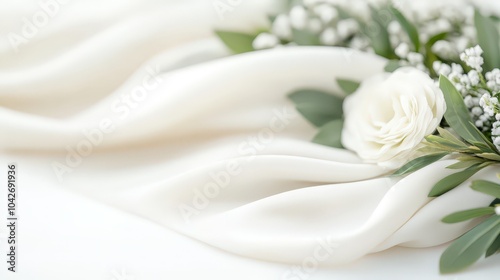 White Silk Fabric with White Flower and Green Leaves.