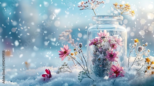 Amazing scent jar with wildflowers and snowfall on a frosty landscape