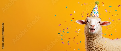 A cheerful sheep wearing a party hat surrounded by colorful confetti on an orange background.