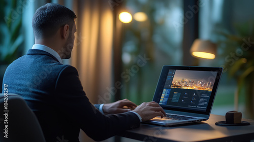 businessman working on laptop during online meeting, focused and engaged