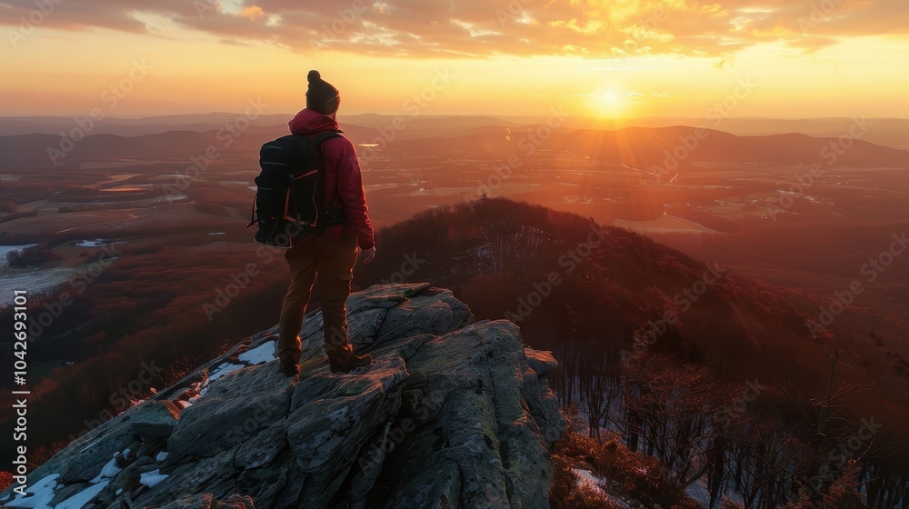 Fototapeta premium Hiker on Mountain Peak at Sunset Overlooking Vast Landscape