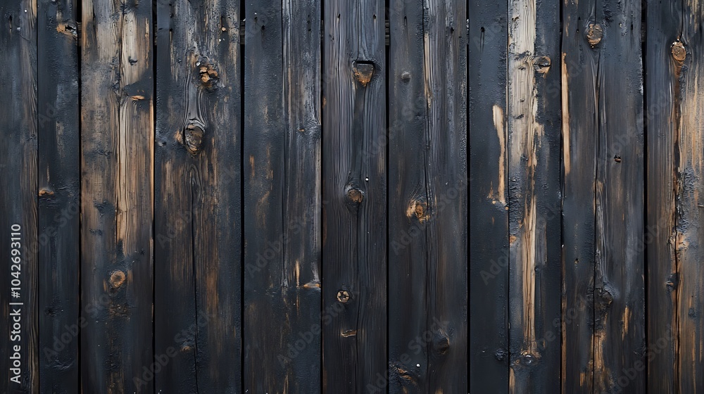 A close-up view of a weathered wooden fence with vertical planks of dark gray wood. A close-up view of a weathered wooden fence with vertical planks of dark gray wood.
