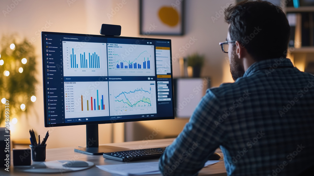 Data analysis and visualization on computer screen in modern office Data analysis and visualization on computer screen in modern office