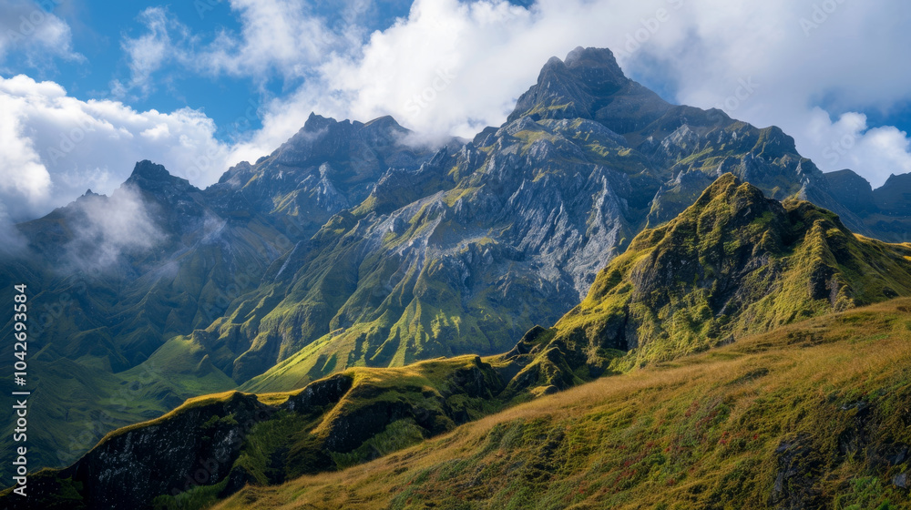 Fototapeta premium A towering mountain range with steep cliffs bathed in sunlight and shadowy clouds