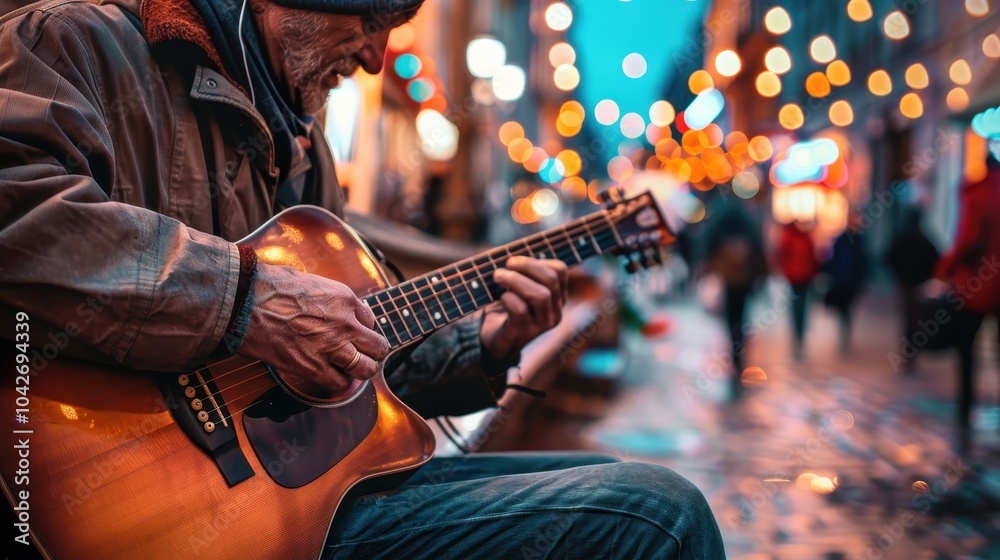 Obraz premium Musician Playing Guitar on a Quiet Street at Dusk