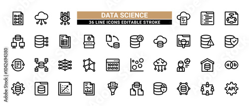 36 Data Science Line Icons Set Pack Editable Stroke Vector Illustration.