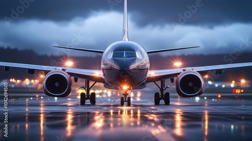 Airplane Ready for Departure Preparing for Takeoff Amidst a Dramatic Sky and Reflections on the Runway