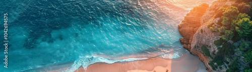 Stunning Aerial View of Turquoise Ocean Waves Crashing on Sandy Beach